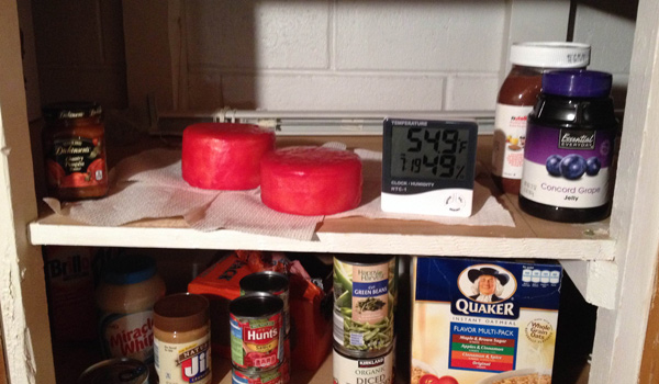 The cheese cave in the basement. A simple temperature and humidity gauge give you a rough idea of what it's like inside the cabinet.