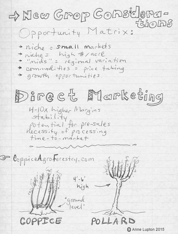 New crop considerations. Look at the opportunity matrix a niche product versus commodities with established markets. Niche products usually have small markets and a high dollar per acre value. Whereas commodities can be easily sold in many locations, but you take whatever price they're selling at with no bargaining. Assessing the possible growth opportunities of a new product is also critical. Direct Marketing offers four to ten times higher profit margins over wholesale, plus a potential for pre-sales. But may involve extra parketing and processing. What's the trade off? Reference to coppiceagroforestry.com. Pictures of coppicing and pollarding.