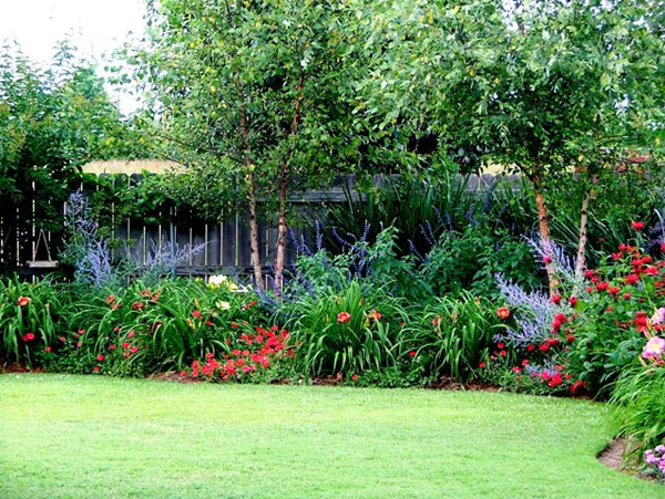 a perennial border with lots of blue